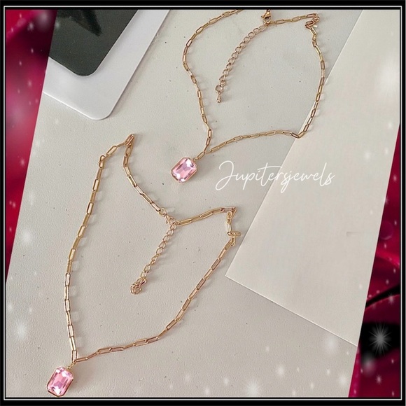 14k Gold Crystal Cut Pink Amethyst Topaz Minimalist Paperclip Necklace - Picture 4 of 6